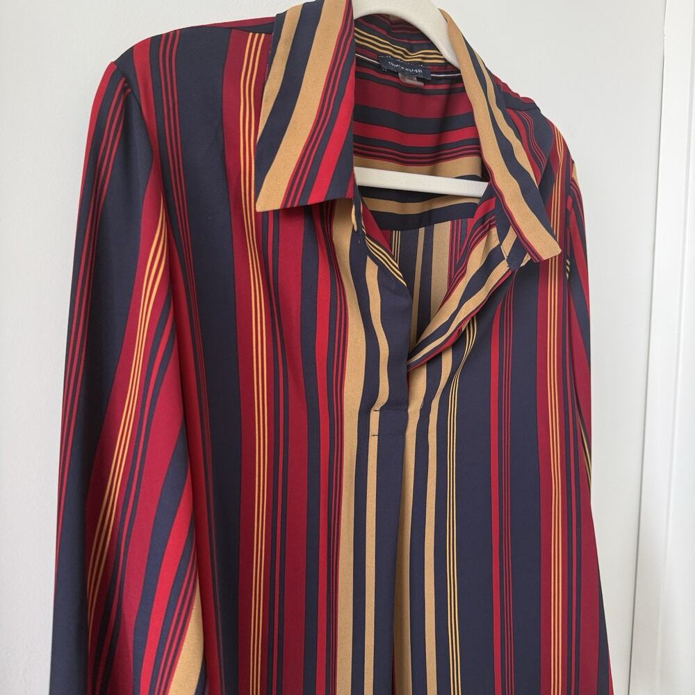 Tommy Hilfiger Women's Navy Red Collard Long Sleeve Blouse Striped Size XL light